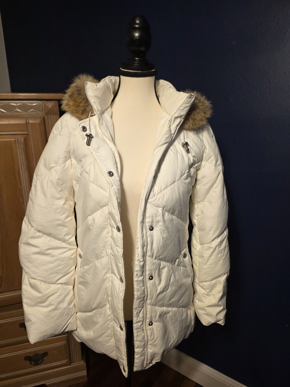 Women's Cream Hooded Down Puffer Coat with Coyote Fur Trim